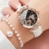 Elegant Crystal Heart Butterfly Bracelet & Leather Strap Quartz Watch with Pink Gemstone Set
