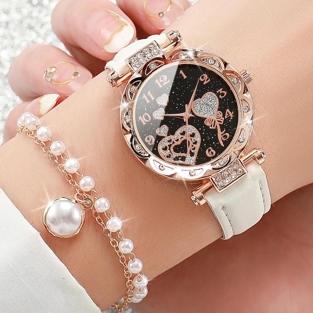 Elegant Crystal Heart Butterfly Bracelet & Leather Strap Quartz Watch with Pink Gemstone Set