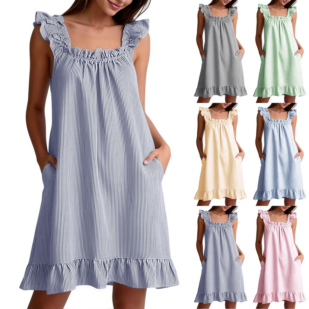 Women's Sleeveless Striped Nightgown with Ruffle Trim and Pockets, Loose Fit Casual Sleep Dress for