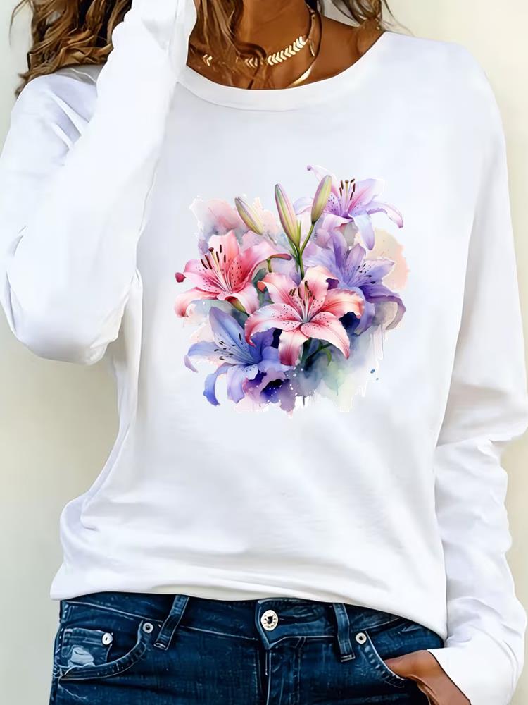 (Asian Size) watercolor flower 90s Clothing Casual  Tee Lady Printed o-neck Long Sleeve T Shirt Women Female Fashion Top Graphic T-shirts
