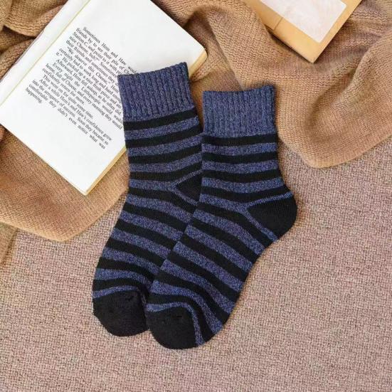 Men Striped Crew Socks Thickened Warm Ribbed Terry Socks Winter Thermal Casual Socks for Sports Daily Errands Work Wear