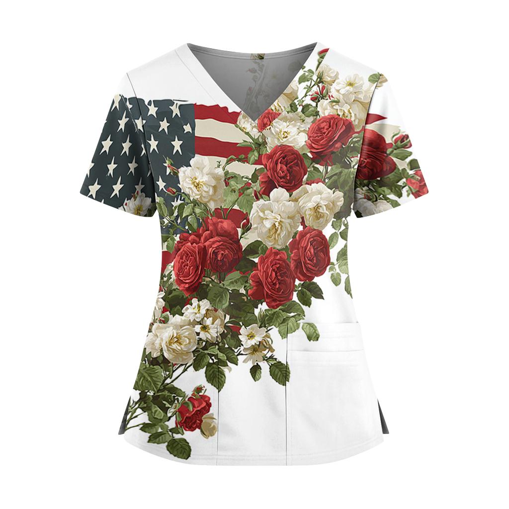 Women's Independence Day Print V-Neck Double Pocket Short Sleeve Uniform with Slit Hem - Caregiver Top