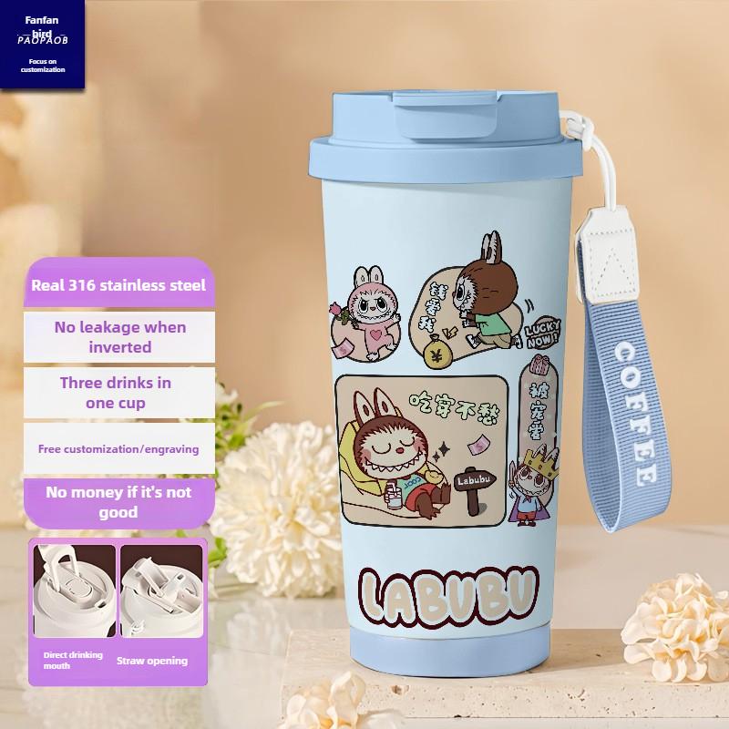 Tecknad Rostfri Stålkopp Högvärdig Termosmugg 3D Dubbel Drickstrå Kaffekopp