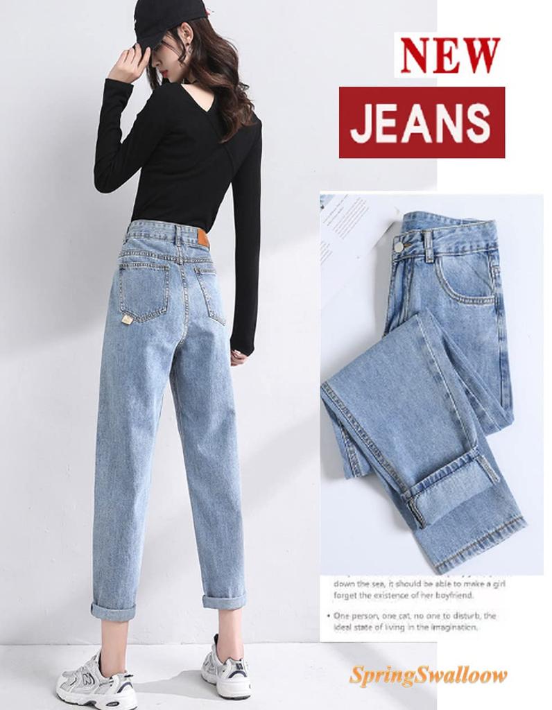 SpringSwalloow Slim Tapered Denim Cropped Straight Boyfriend Perfect for Fall Size Women's High-Waisted, High-Rise Jeans, Stylish, Ankle-Length,