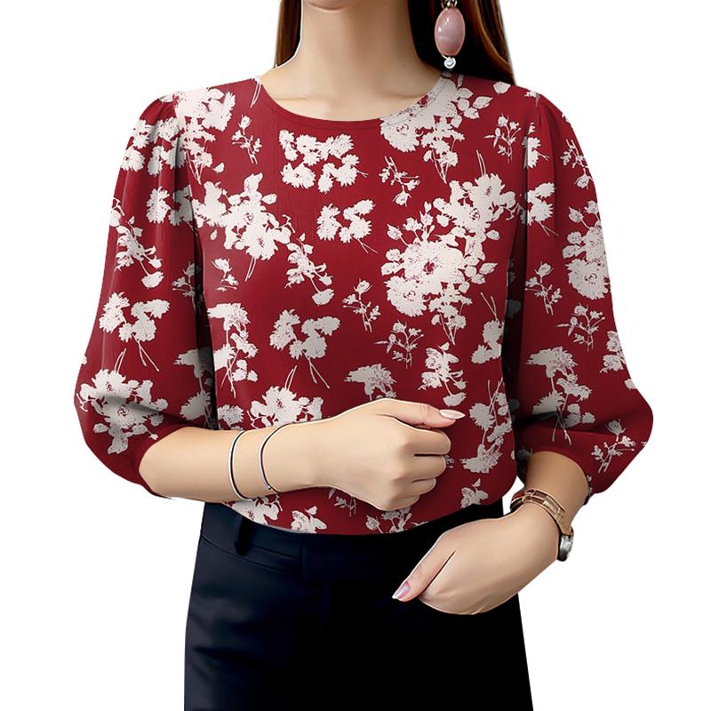 

ZANZEA Женская повседневная блузка с круглым вырезом и рукавом 3/4 с цветочным принтом M красный