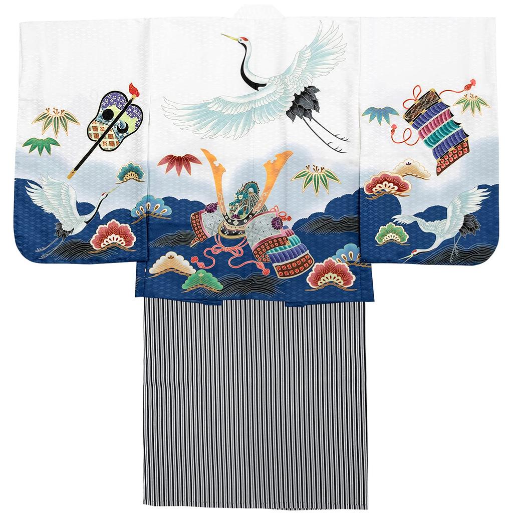 Shichigosan Boy 5 Years Old Kimono and Hakama Set Striped Hakama String Length Crane Kabuto White Navy Striped [KYOETSU] [Kyoetsu] (Hakama 60cm, -