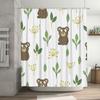 Adorable Brown Bears Leaves Shower Curtain Green White Decor for Bathrooms Easy Install Hookless Design