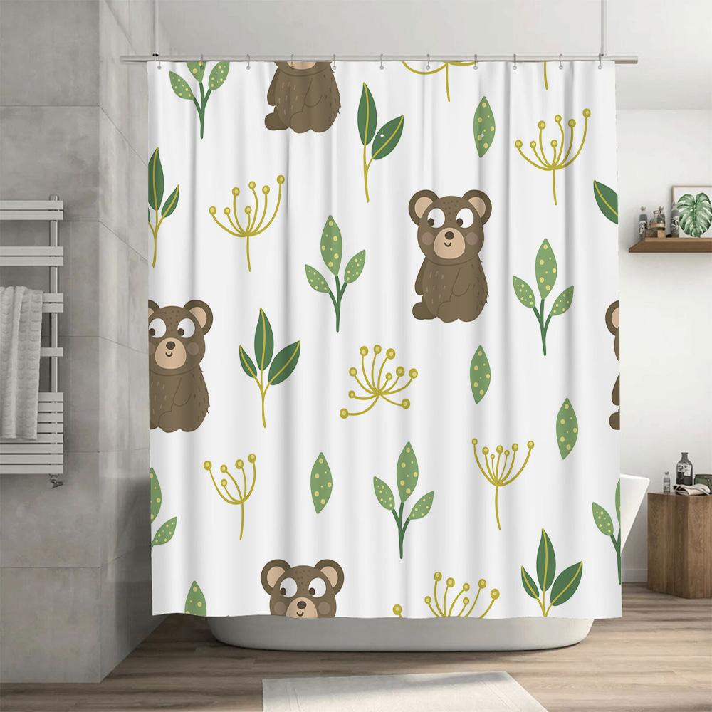 Adorable Brown Bears Leaves Shower Curtain Green White Decor for Bathrooms Easy Install Hookless Design