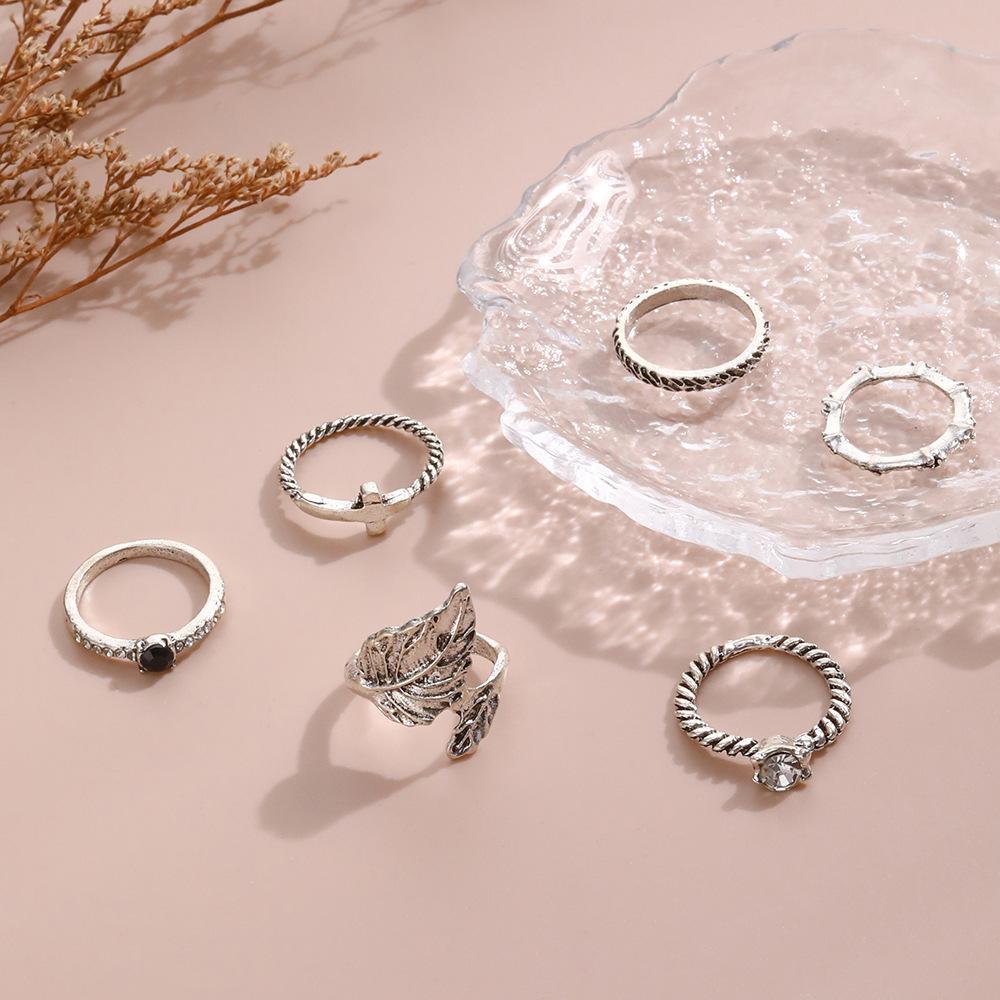 Bohemian 6-Piece Set With Diamond Leaf Ring Open Jewelry Combination