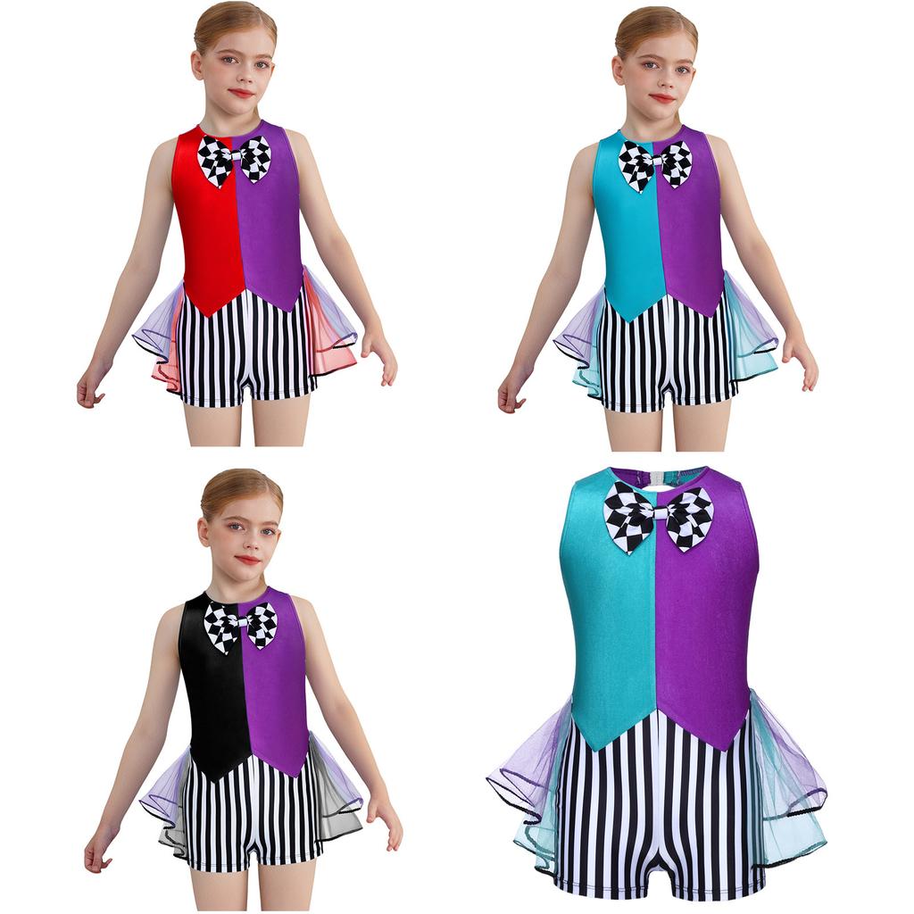 Kids Girls Fairytale Tea Party Dress: Sleeveless Stripes Checkerboard Tutu Bodysuit with Bow Knot for Mad Costume