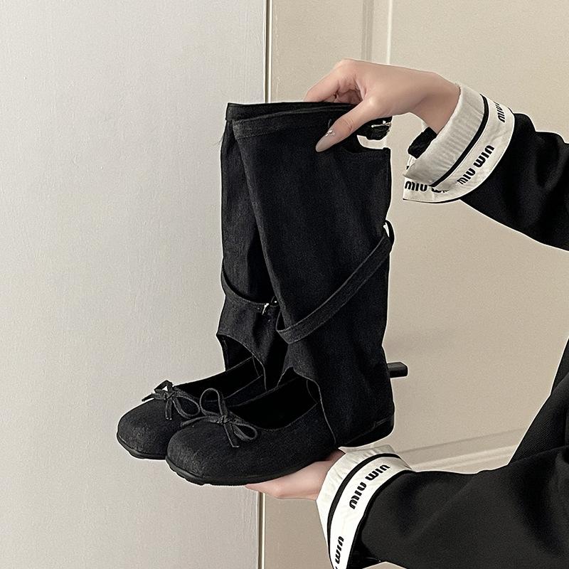 Design sense round head short boots bow hollow stack boots women's summer fashion versatile cool boots retro fashion boots
