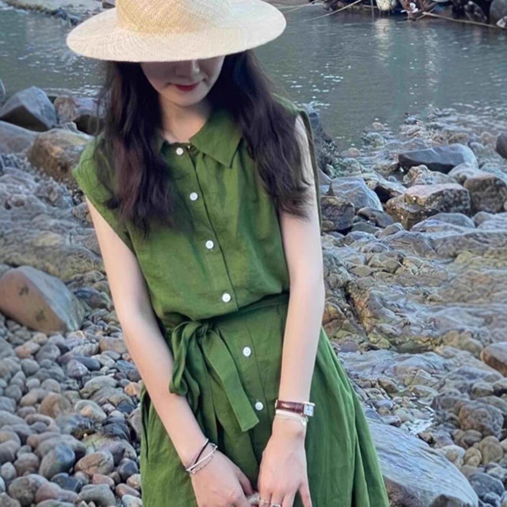 French sense green sleeveless vest dress children's summer new small temperament long dress