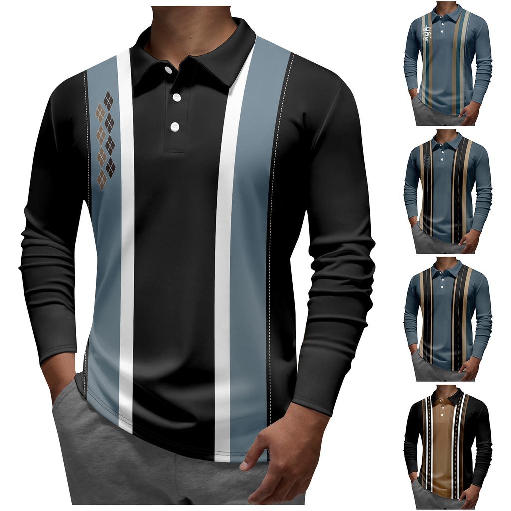 Men'S Lapel Long Sleeve Printed Casual Top Loose Sports Lapel Shirt