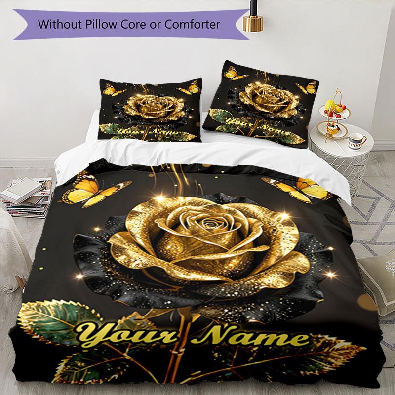 3PC Custom Name Golden Rose Elegance Bedding Set Duvet Cover Closure Includes 1 Duvet Cover & 2 Pillowcases for Bedroom