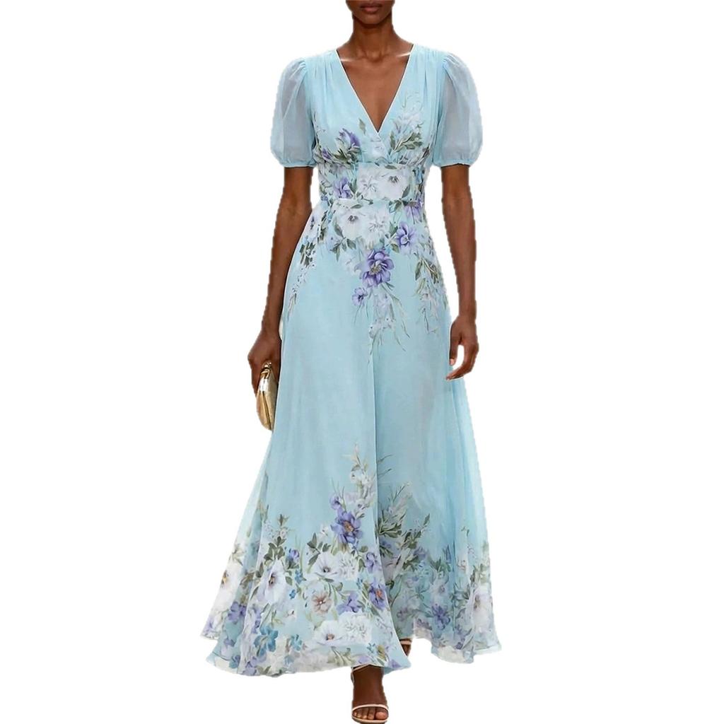 2026 new European and American women's clothing perspective short-sleeved V-neck digital printing long dress flower fashion dress