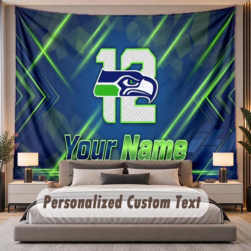 Custom Name Text Tapestry Seattle Seahawks Personalized Polyester Wall Tapestry For Bedroom And Room