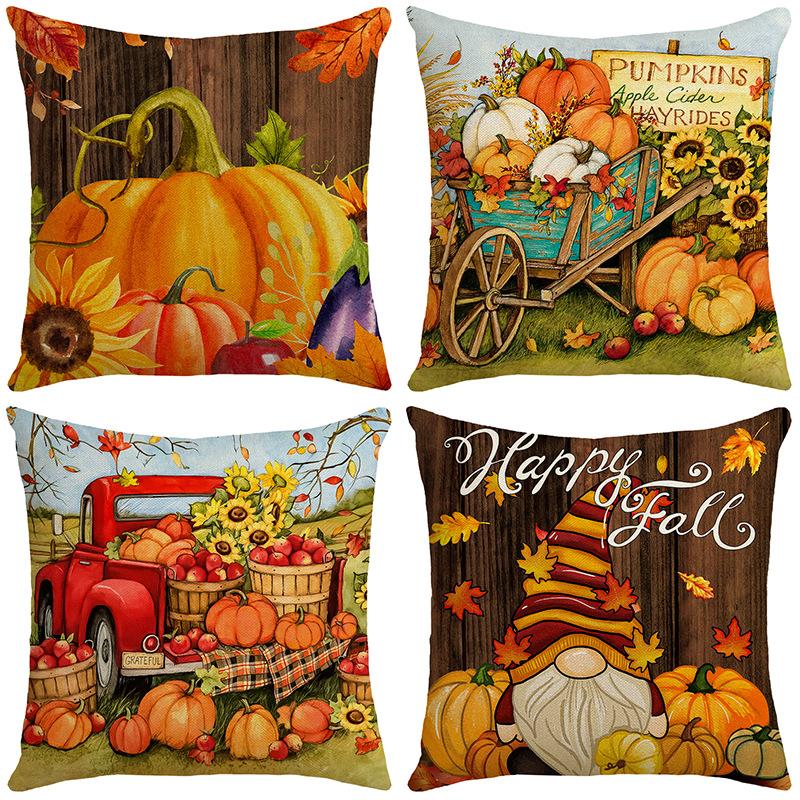 New Autumn Cushion Retro Pumpkin Gnome Farm Truck Home Cushion Pillow Cover