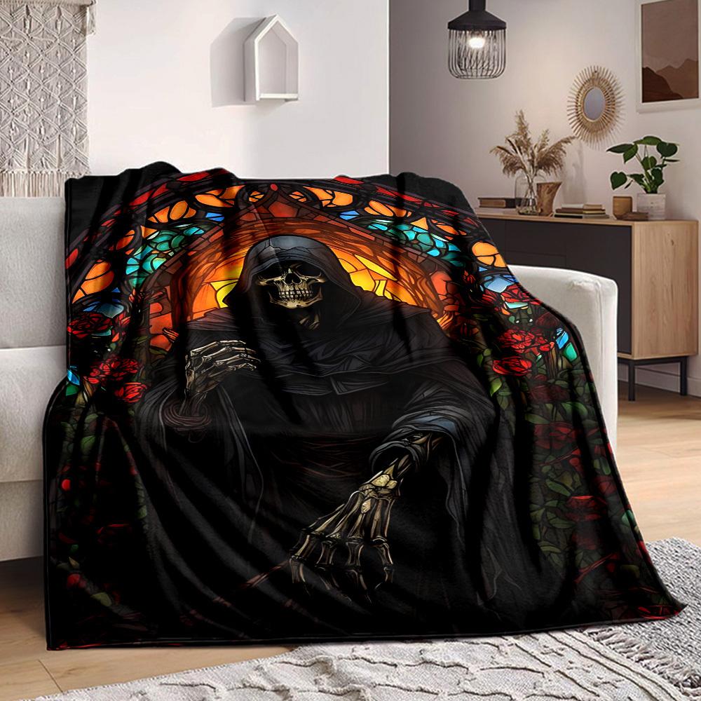 

1PC Reaper, Gothic Rose Window Blanket, Throw For Sofa, Bed, Travel, Camping, Livingroom, And Bed, Printing Blanket With Soft And Warm Fabric yy250918 100x150cm
