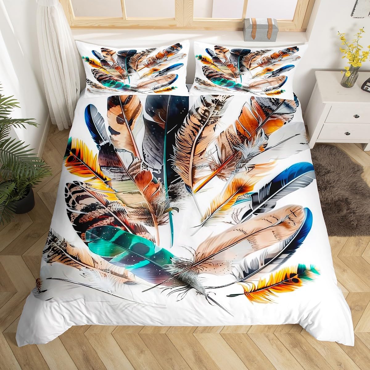

Feather Duvet Cover Bohemian Floral Bedding Set Microfiber Dream Catcher Comforter Cover King For Girls Teen Adult Bedroom Decor EU Single(135x200cm)
