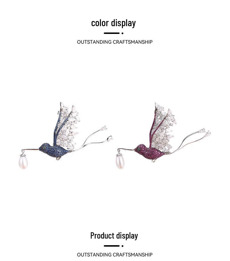 Hummingbird Brooch with Zircon & Freshwater Pearls - Unisex Pin Accessory