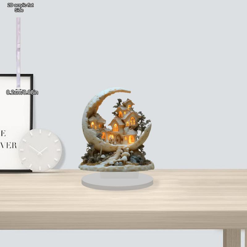 2D Flat Planet Moon House Acrylic Desktop Decoratio, Lent Festival, with Base, Suitable for wall decoration, porch, room, villa, accents Home, Hallway