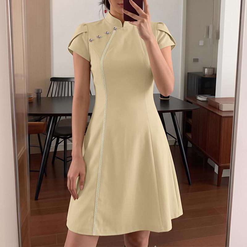 ZANZEA Women Elegant Stand Collar Casual Short Sleeve A-Line Dress S абрикосовый