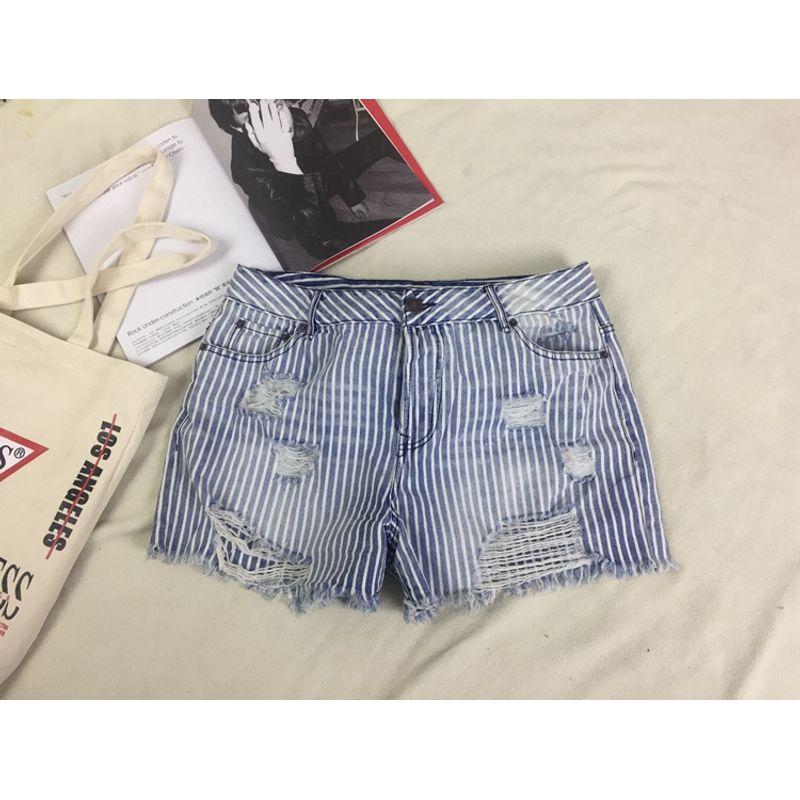 Clearance [Big Spring Plus Size] Cattle Goods Minimalist Vertical Stripes Ripped Shorts Summer Silm Easiest for Match