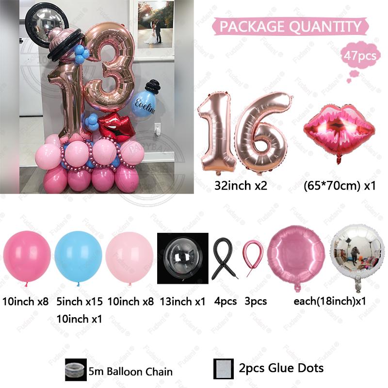 Hot Pink Rose Gold Balloon with 32inch Number Red Lipstick Foil Balloon for Valentine's Day Girl Wedding Birthday Decoration
