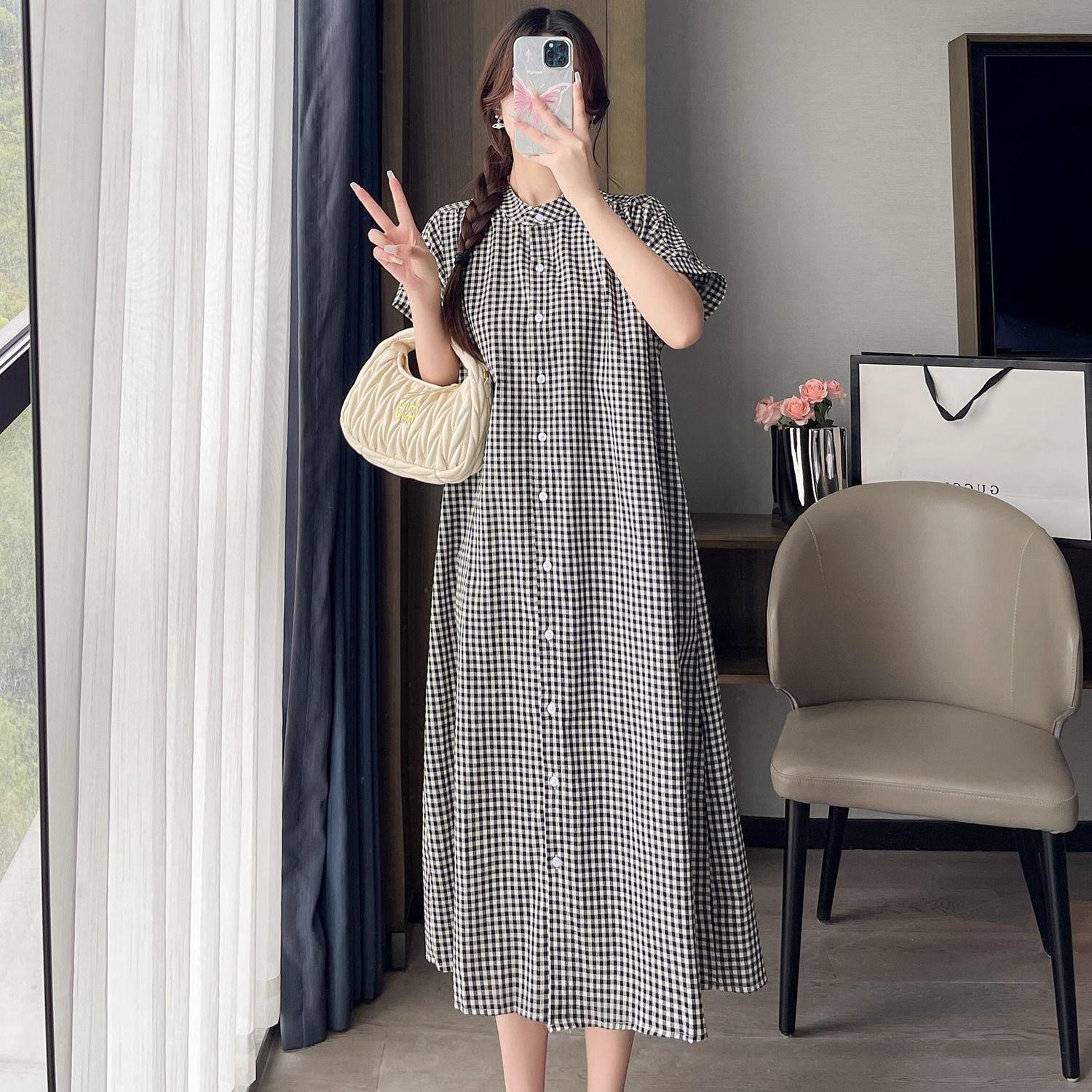

Black & White Plaid Short-Sleeve Women s Retro Summer Loose Casual Slimming Long Shirt Dress XL