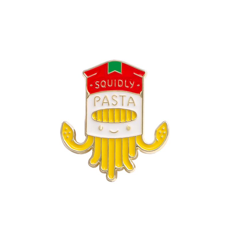 Funny Cartoon Squidly Pasta Design Enamel Brooches Cute Women Girls Food Shaped Golden Pins