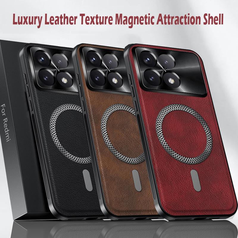 Luxury PU Leather Case For Xiaomi Poco F6 Pro Magsafe Magnetic Metal Ring Lens Protection Shockproof Cover For Poco X6 Pro