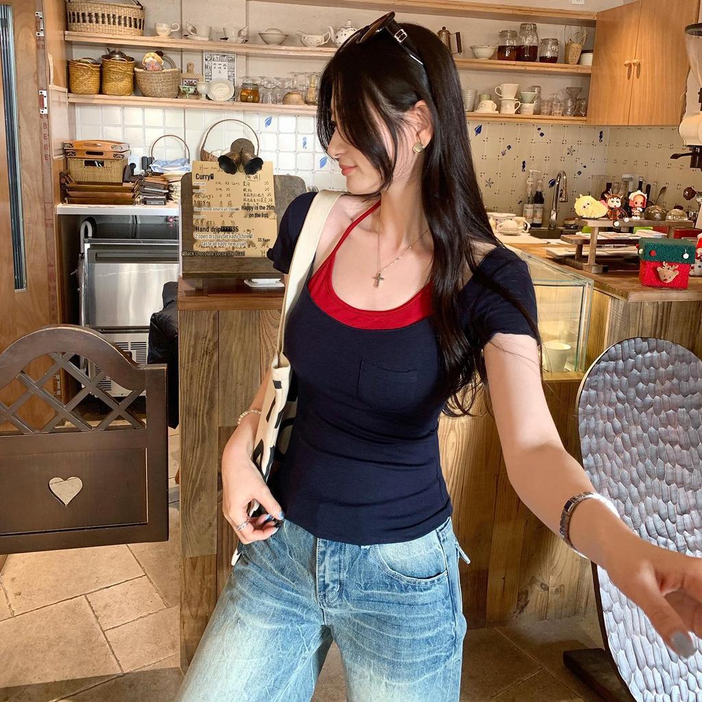 2026 Summer Korean Style Slim-Fit Wool T-Shirt for Women - Spicy U-Neck, Short-Sleeved, Sexy & Trendy