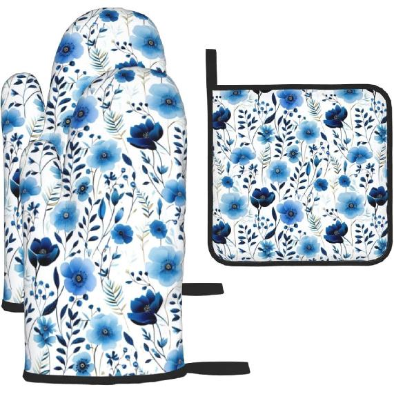 Cute Black Mushroom Fairy Tale Oven Mitts and Pot Holders Sets of 3, Heat Resistant Black Hot Pads Witchy Oven Gloves for Cooking Grilling Baking