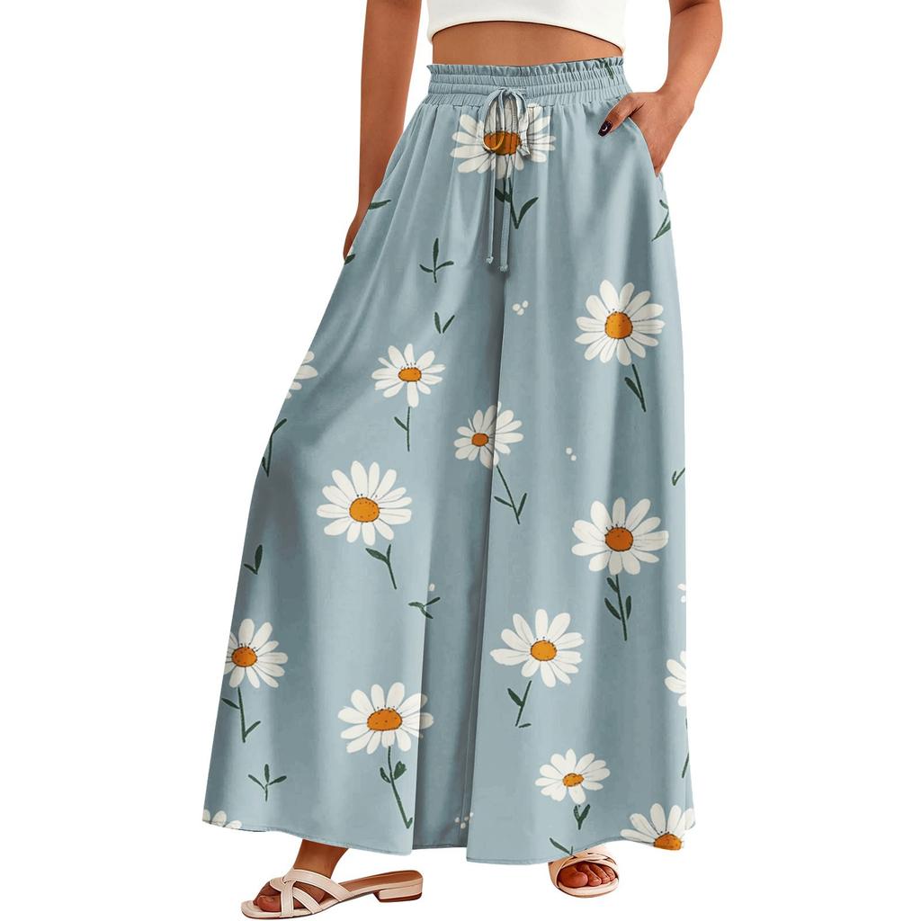 Women's Palazzo Pants Boho Floral Wide Leg Trousers Summer Beach High Waisted Flowy Pants With Pockets