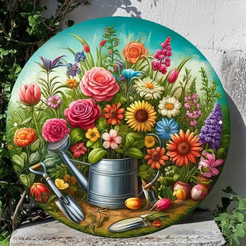 Vintage Floral Metal Sign Round Wall Art for Home Garden Indoor Outdoor Decor