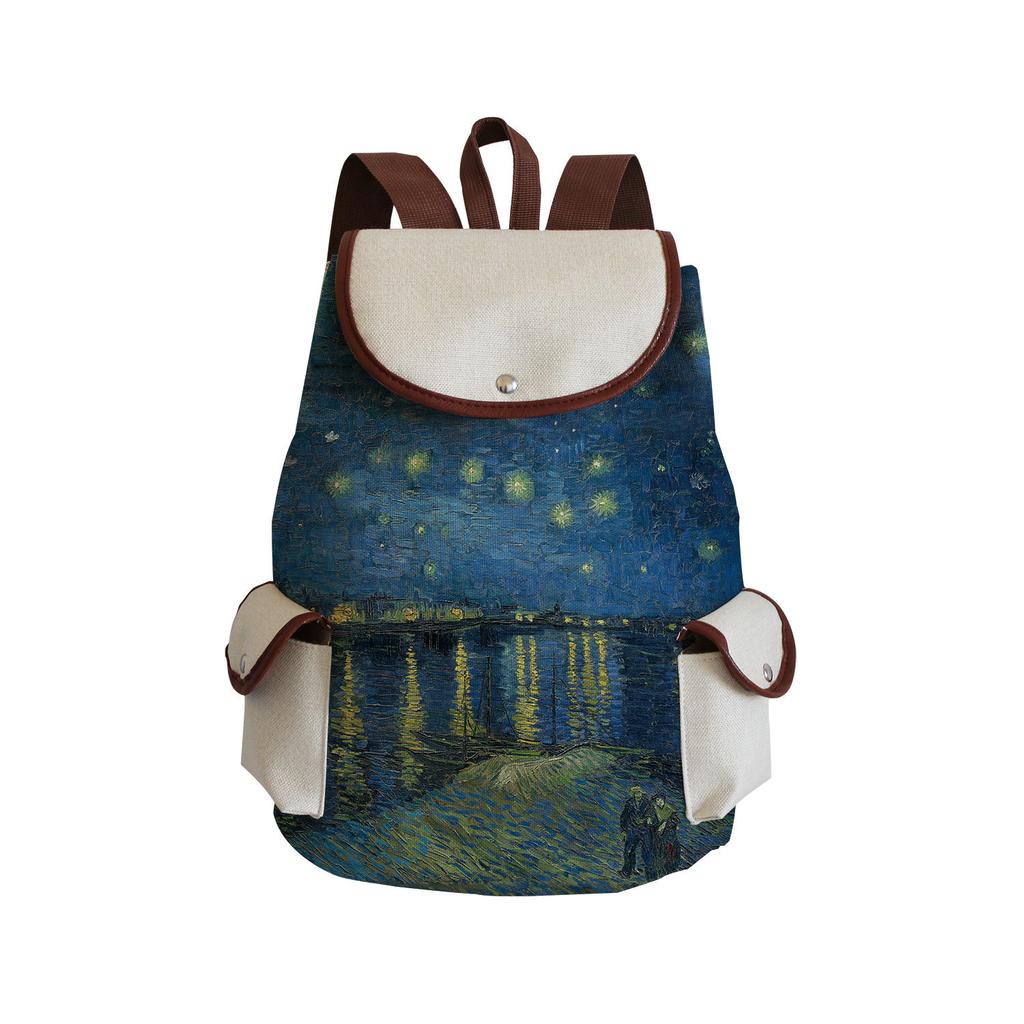 Wind Creative Van Gogh Oil Painting Print Backpack, Large-Capacity Student Schoolbag, Portable Travel Backpack