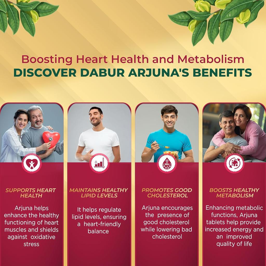 Dabur Arjuna Tablets - 60 Tablets Pack | Supports Heart Health, Manages Cholesterol, Boosts Metabolism & Promotes Cardiovascular Wellness