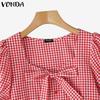 VONDA Women Summer Square Collar Short Puff Sleeve Bow Knot Plaid Print Casual T-shirts