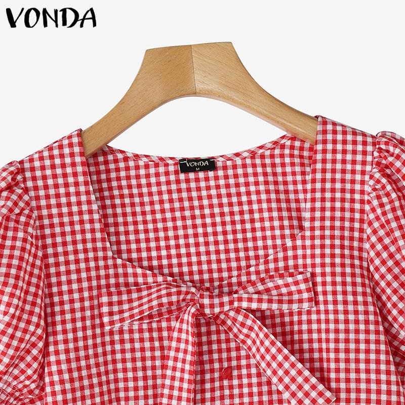 VONDA Women Summer Square Collar Short Puff Sleeve Bow Knot Plaid Print Casual T-shirts