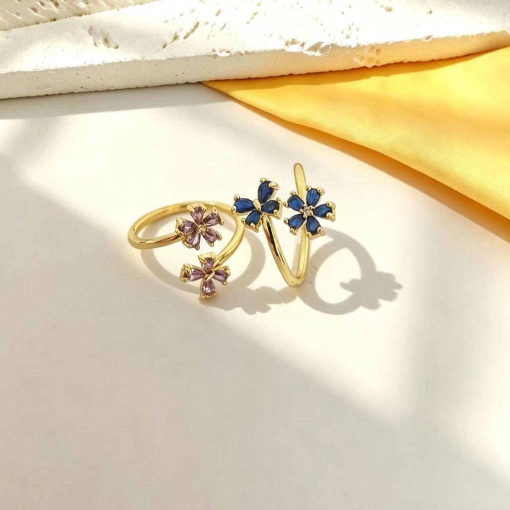 Korean Fashion Purple Zircon Butterfly Flower Adjustable Women's Ring