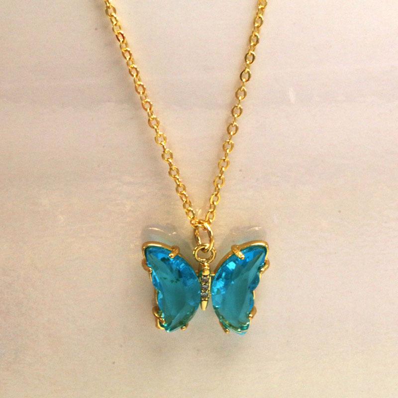 Koreanskt flerfärgat kristallfjärilshalsband - Guldpläterad titanstål nyckelbenskedja för kvinnor