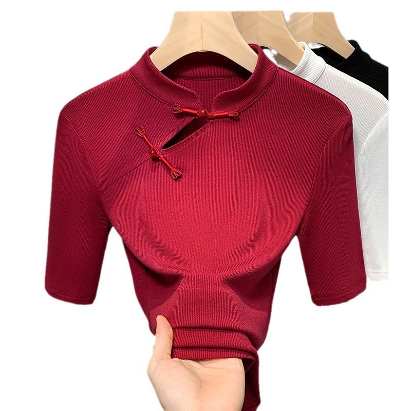 

Белый Новый китайский стиль Топы на пуговицах Новая осенняя рубашка с воротником-стойкой Модальная женская футболка со средними рукавами 3XL красный