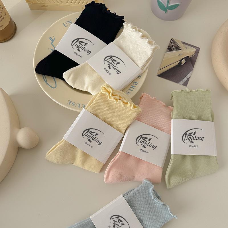 Women's Pure Cotton Ruffle Cuff Socks, Candy Colors, Anti-Odor, Sweat-Absorbing