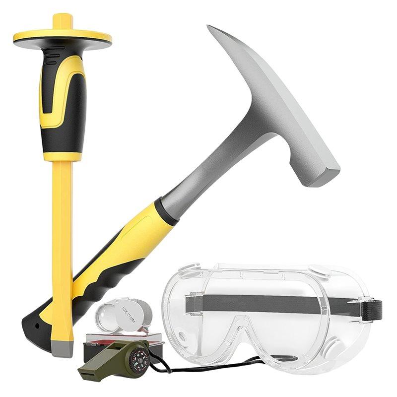

SHGO-Geology Rock Pick Equipment Kit(5 PCS/SET), Rock Hammer 32 Oz., Chisel& Safety Glasses Whistle