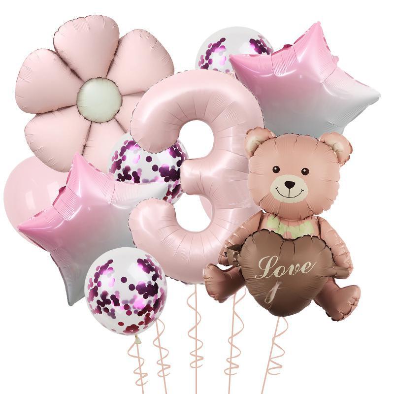 Matte Love Bear Colored Daisies 40 Inch Caramel Cream Aluminum Film Sequins Latex Balloon Birthday Set