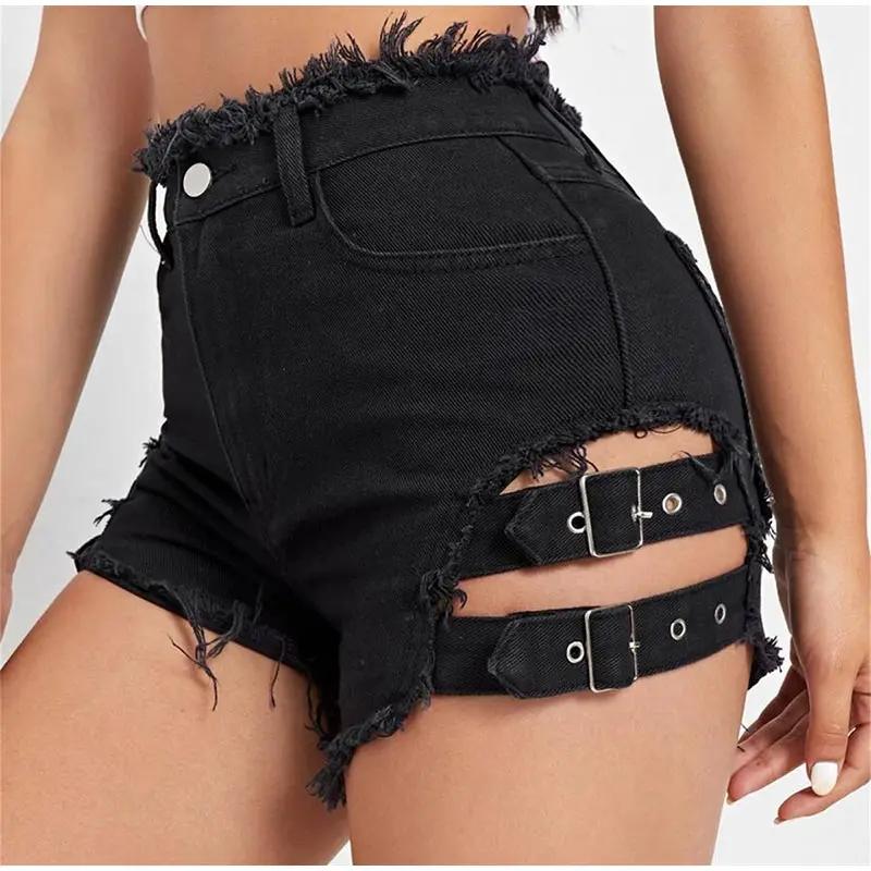Summer Women Denim Shorts with Frayed Hem Buckle Straps Y2K Fashion Trendy Cut Out Jeans Shorts
