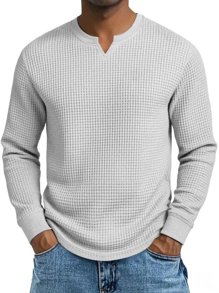 Herren Plus Size Waffel Karomuster Slim Fit Langarm V-Ausschnitt Lässiges T-Shirt