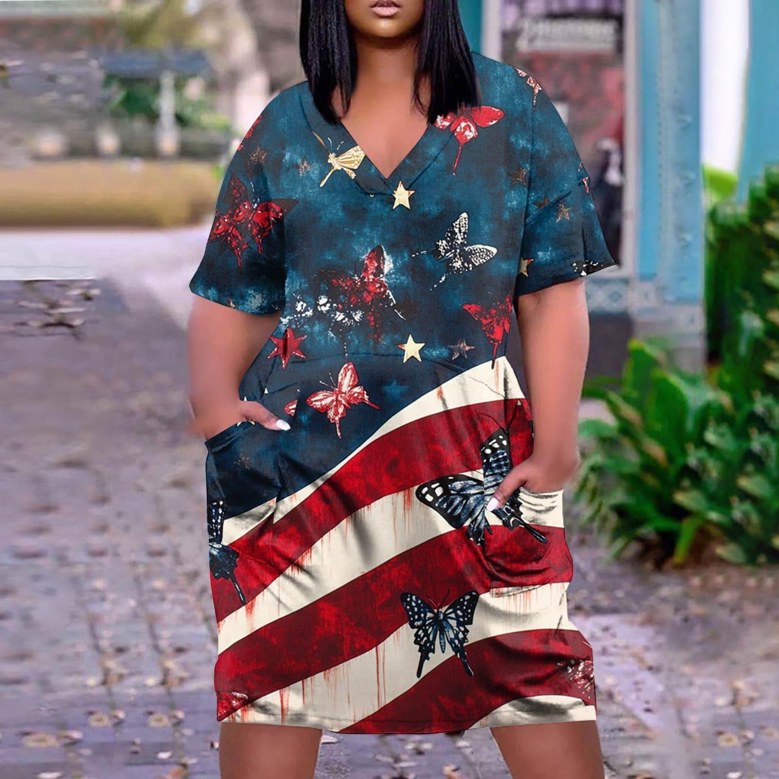 

Лето плюс размер V-образным вырезом с коротким рукавом и карманом до колена с градиентным принтом повседневное платье для женщин XL тёмно-синий