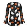 Women's Halloween Print V-Neck Long Sleeve T-Shirt with Sleeves and Pleated Button Front