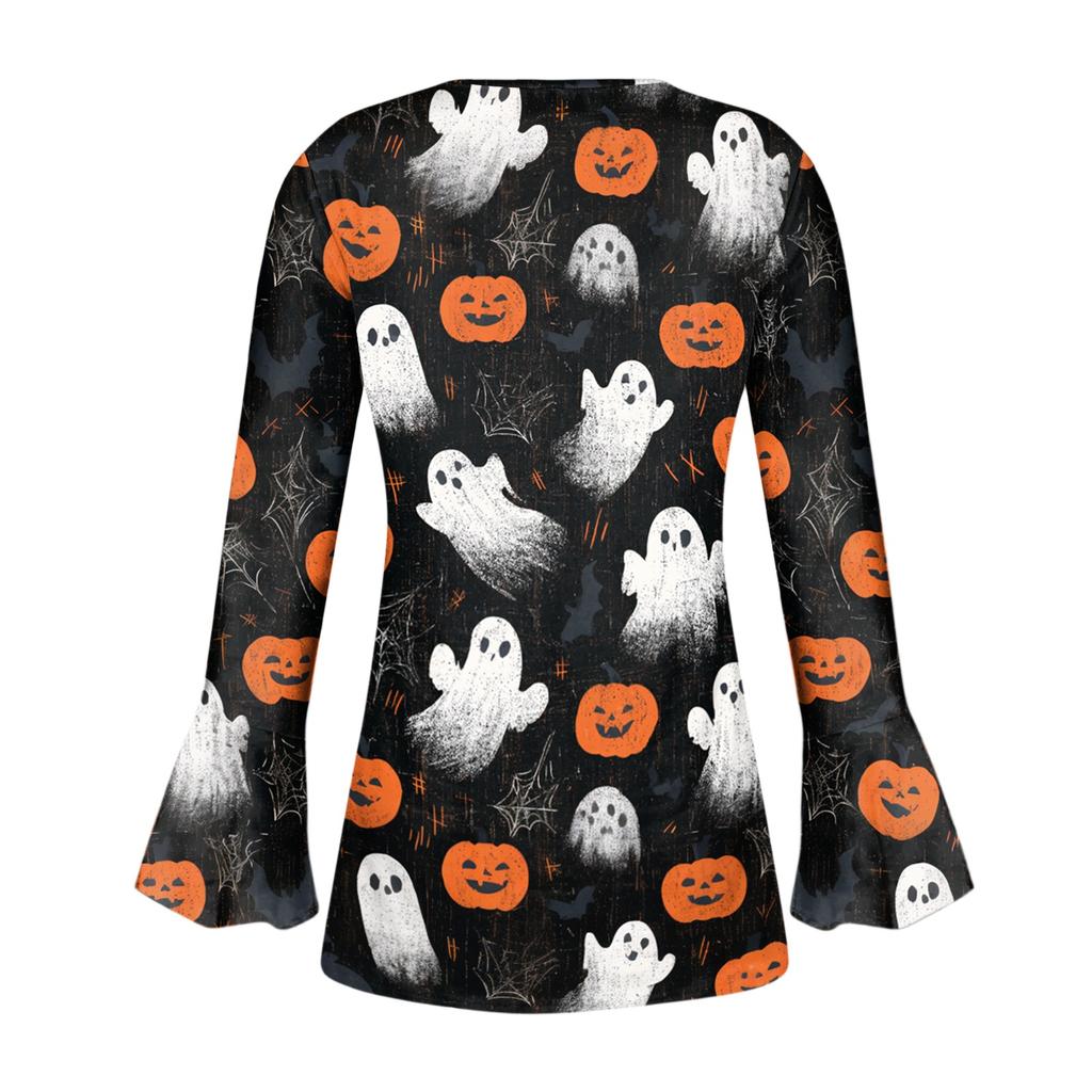 Women's Halloween Print V-Neck Long Sleeve T-Shirt with Sleeves and Pleated Button Front